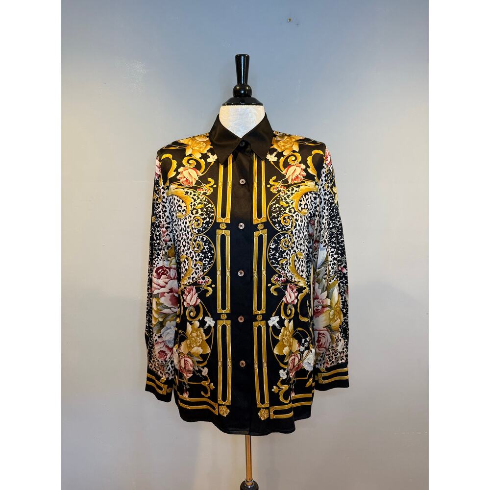Linda Allard Ellen Tracy 100% Silk Baroque Floral Leopard Print Blouse Size 10